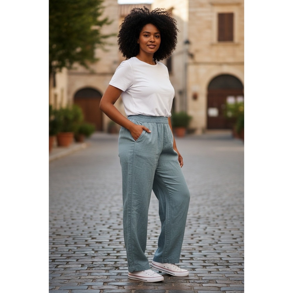 Bandolino Frida Linen Blend Smocked Waist Straight Leg Pants Blue Green XL